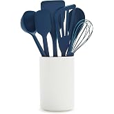 GreenPan Silicone 6 Piece Cooking Utensil Set &amp; Holder, Spoon, Spatulas, Whisk, Ladle, Flexible Nonstick Kitchen Tools, Steel Core Heat-Resistant Anti-Slip Handle BPA-Free Dishwasher Safe, Oxford Blue