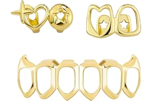 IQIC Gold Grillz for Men Women Punk Rhinestone Hip Hop Grills for Your Teeth Hollow Out Heart Star Tooth Cap Teeth Accessories Jewelry