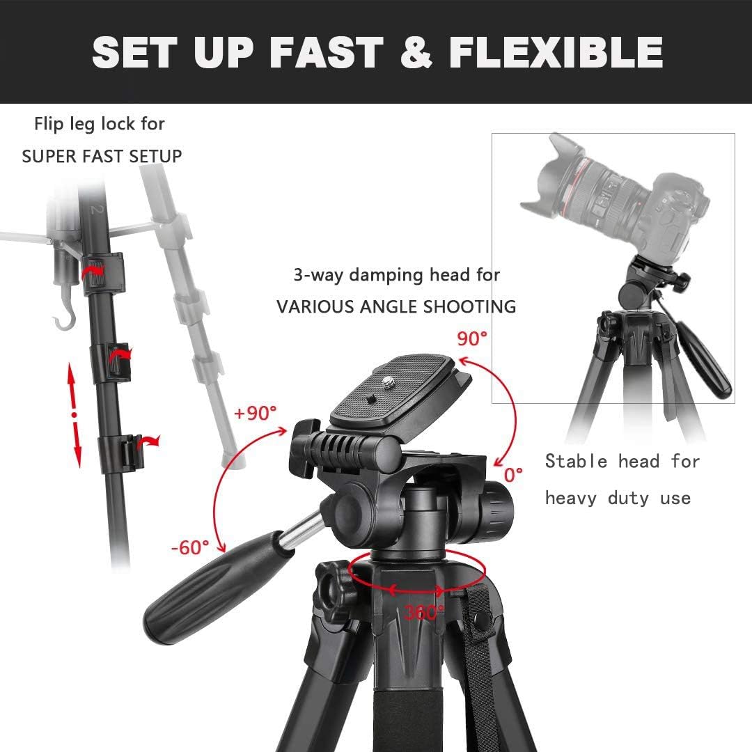 Victiv 72-inch Camera Tripod Aluminum Monopod T72 Max. Height 182 cm - Lightweight and Compact for Travel with 3-way Swivel Head and 2 Quick Release Plates for Canon Nikon DSLR Video Shooting - Black : Camera & Photo