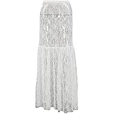 WDIRARA Women's Floral Lace Sheer Maxi Skirt Elastic Waist Tiered Ruffle Flowy Long Skirts