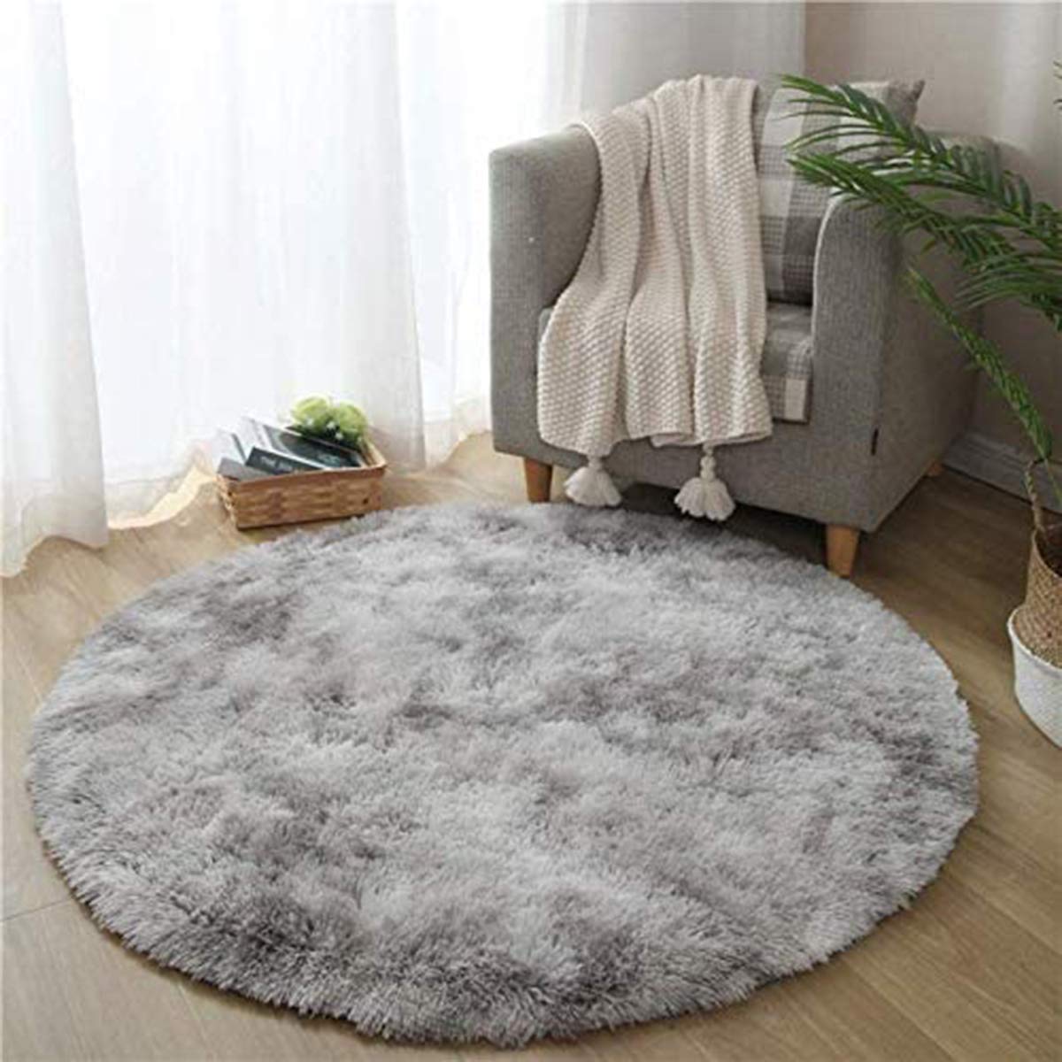 Leesentec Round Rugs Bedroom Carpets Shaggy Rug Fluffy Soft Area Rug Area Rugs for Kids Room Living Room Rugs Deep-Pile Rug Anti Slip Soft Carpet (140cm, Grey white)