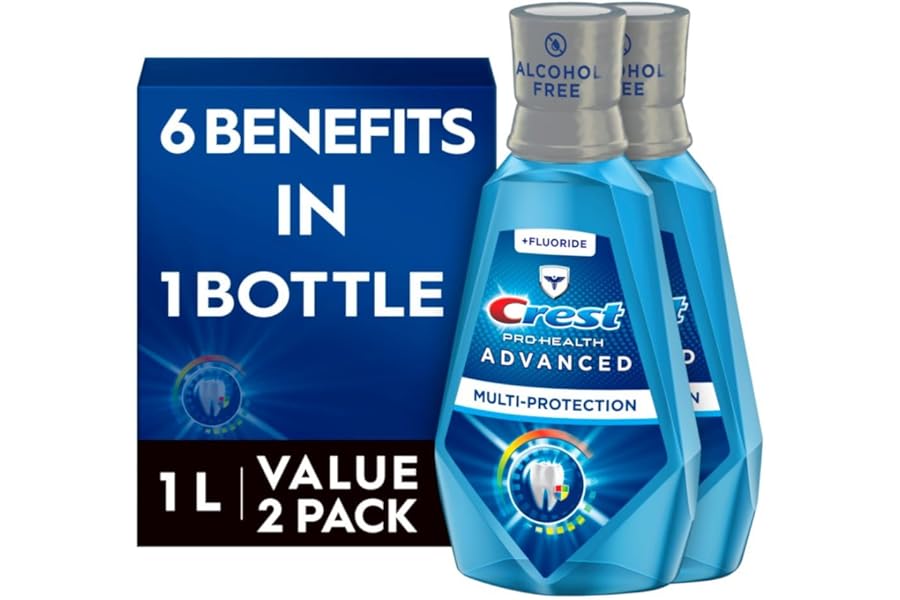 Crest Pro-Health Advanced Mouthwash, Alcohol Free, Multi-Protection, Fresh Mint, 1 L (33.8 fl oz), Pack of 2, Blue
