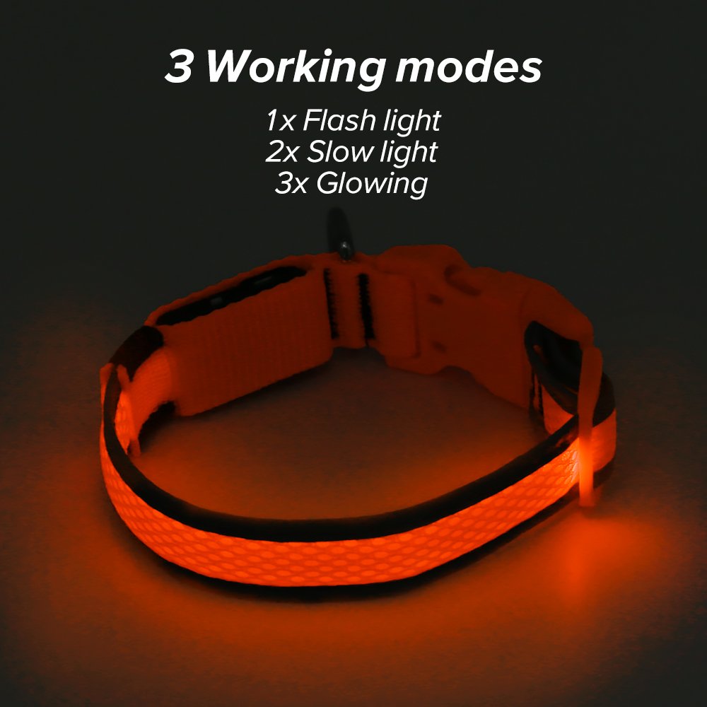 Ezier LED Dog Collar- USB Rechargeable Glow in The Dark Led Pet Collar- Light Up Dog Necklaces to Keep Your Dogs Be Seen& Safe (L, Orange)