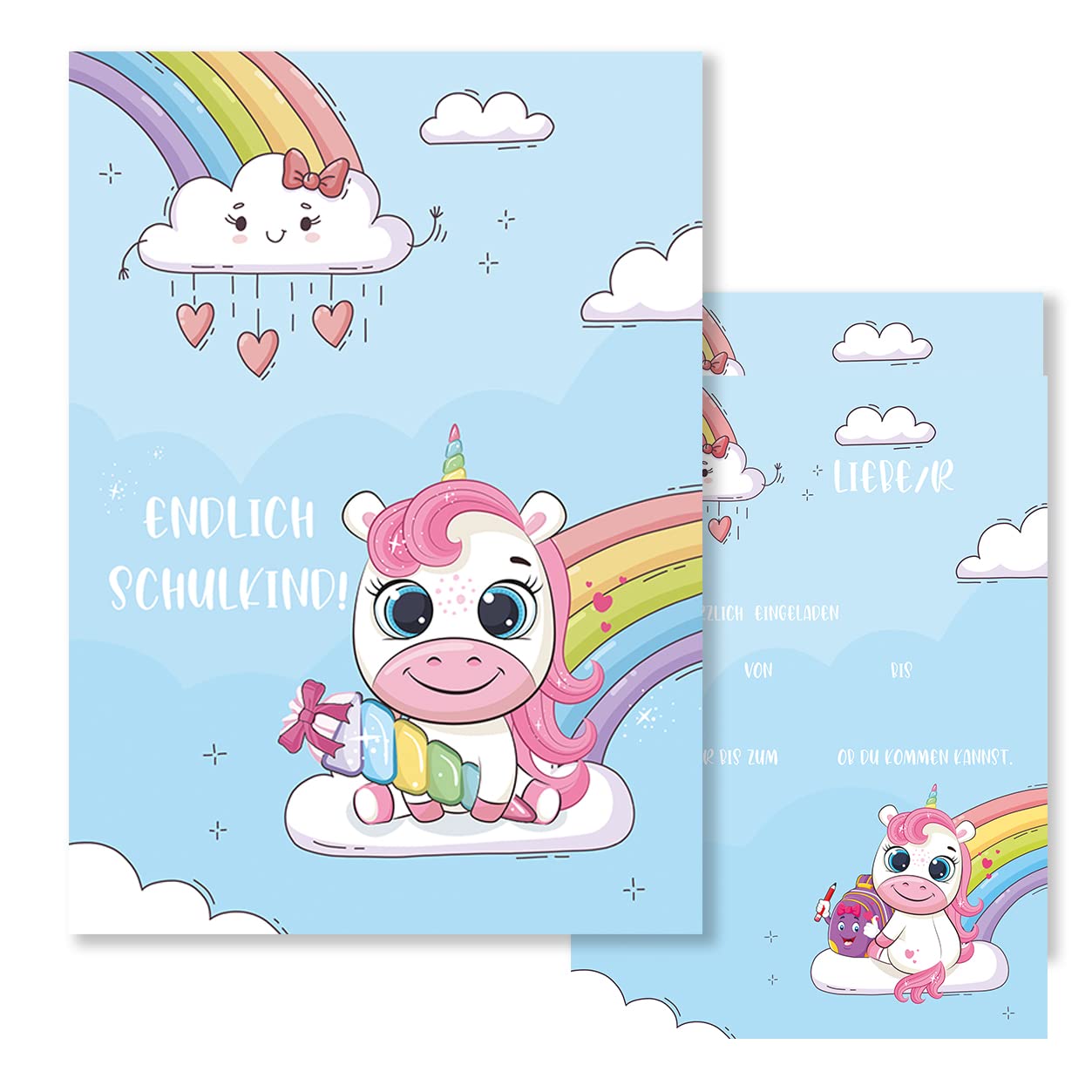 10 x School Invitation Cards with Envelope Invitation Children Girls Unicorn Rainbow 10 x 15 cm Party Children First Class First Class School First Class