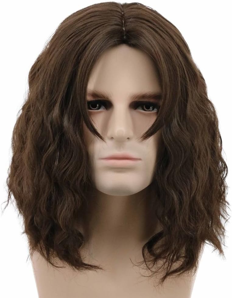Karlery Men Fluffy Short Curly Brown Wig Halloween Cosplay Anime Costume Wig, Dark Brown, 24 inches