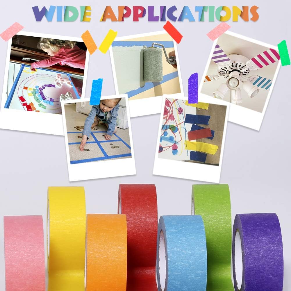 Colored Masking Tape, Arts Painters Tape with Rainbow Colors for Kids Craft Paper Tape Decorative Colorful Teacher Tape for DIY Labeling Coding School Projects 7 Rolls, 1 Inch x 42.6ft