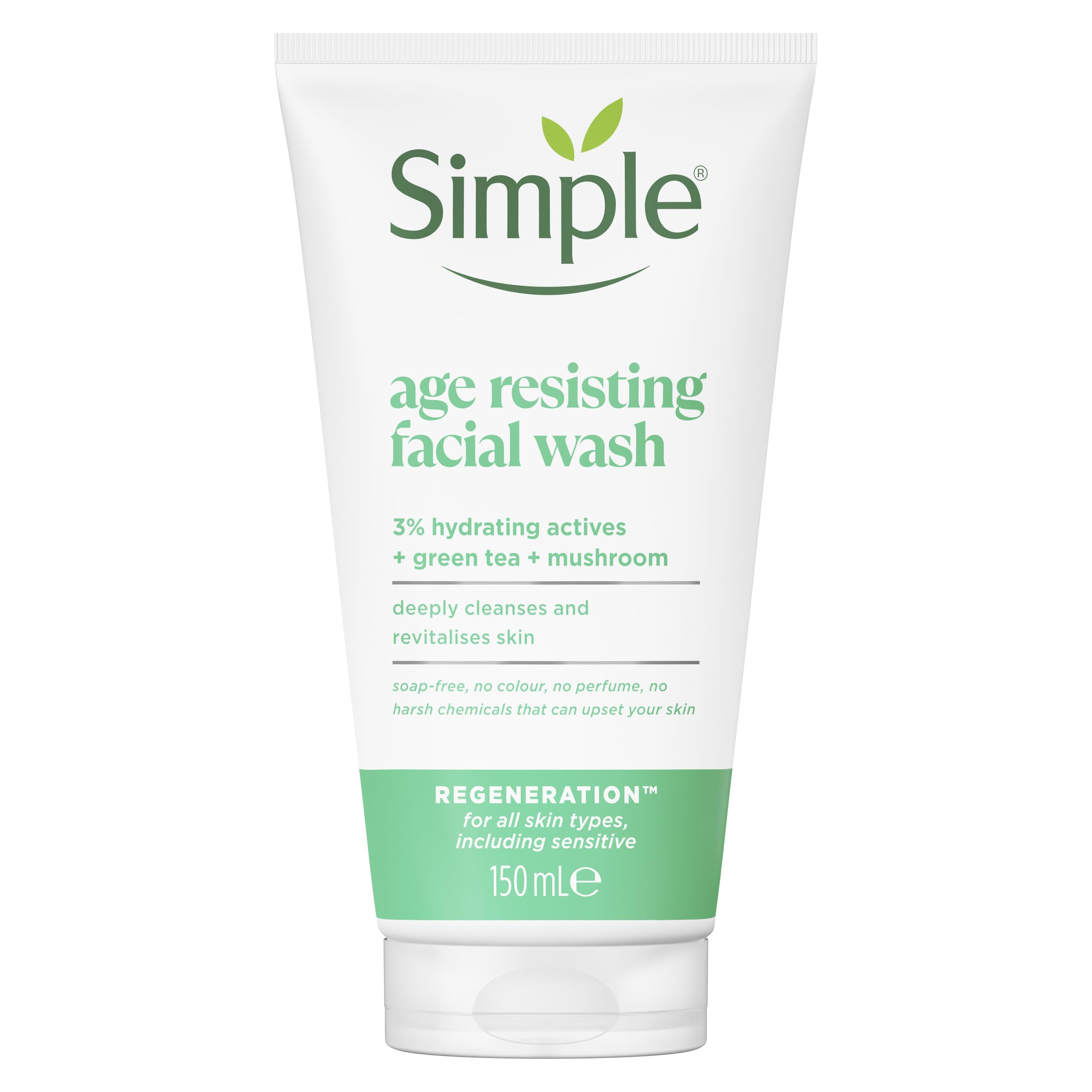 Simple Regeneration Age Resisting Facial Wash with green tea and prebiotic cleanser for revived and revitalised skin 150 ml