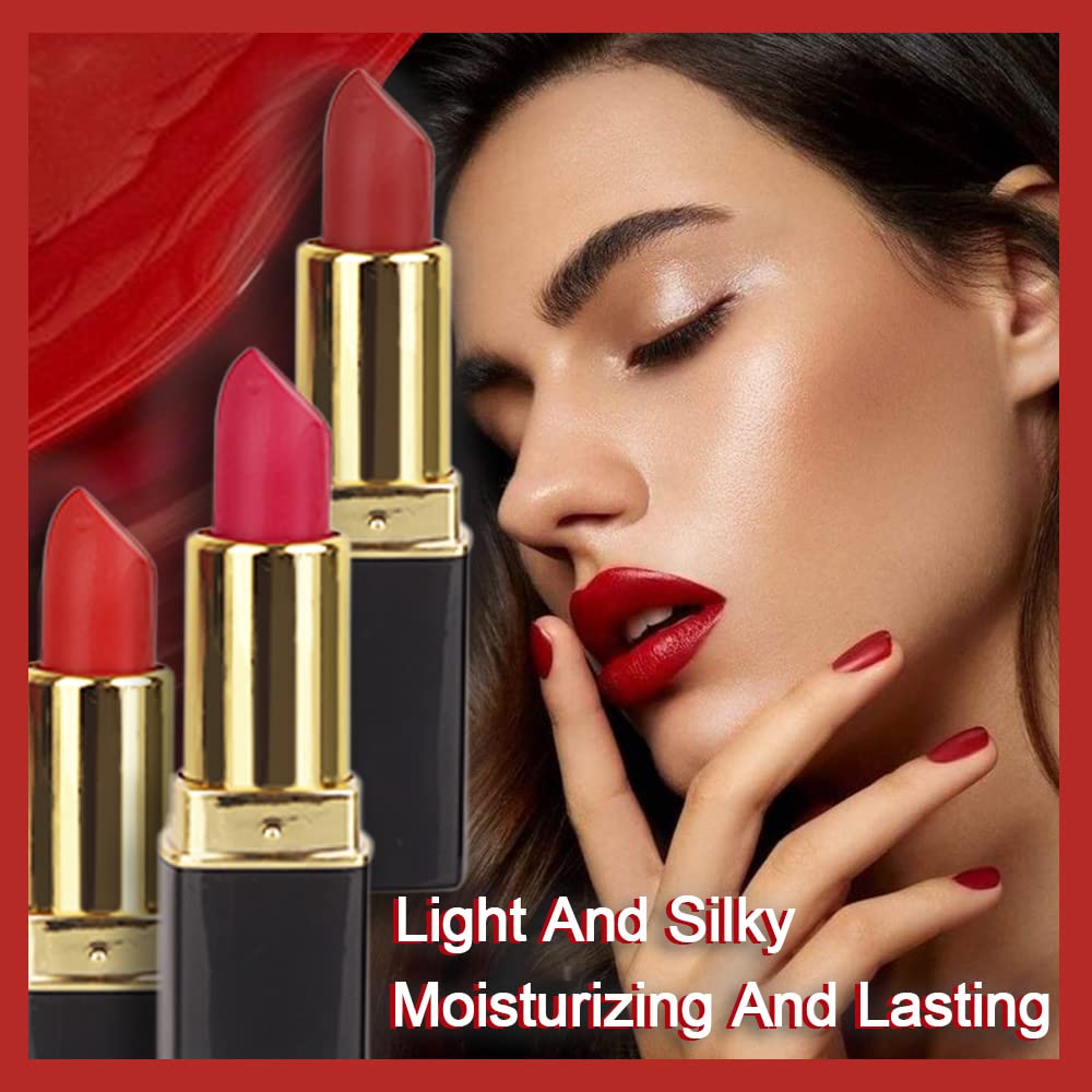 evpct 3Pcs Red Matte Lipstick Set for Older Women Long Lasting, Dark Light Bright Ruby Berry Red Matte Velvet Long Lasting Lipstick Waterproof Smudge Proof 24 Hours Original Lip Stick Stain Makeup Kit