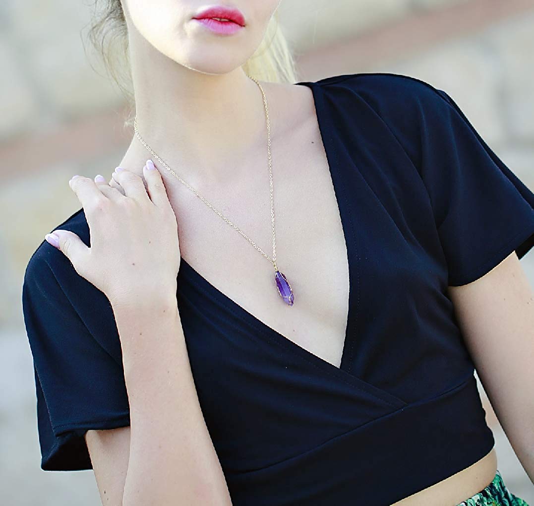 Hexagonal Natural Quartz Stone Pendant Healing Crystal Full Wire Wrap Gemstone Necklace for Women (purple)