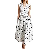 BEYINCUTE Womens 2025 Summer Sleeveless Midi Dress White Polka Dot Bow V Neck Flowy Aline Dresses Side Pocket Cocktail Dress