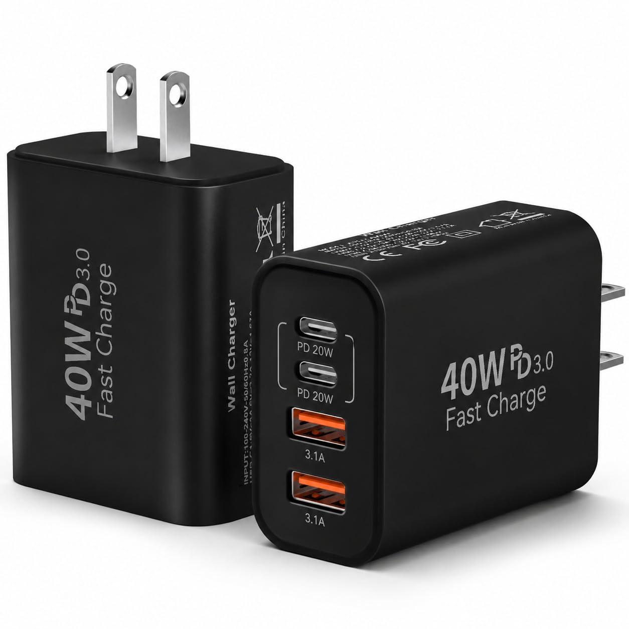 USB C Wall Fast Charger Block, 40W 4-Port Type C Chargers Fast Charging Blocks PD Power Charger Adapter+QC 3.0 USB Multiport Charger Brick for Phone 17/16/15/14/13/12 Pro Max, i-Pad, Galaxy S25-2Pack