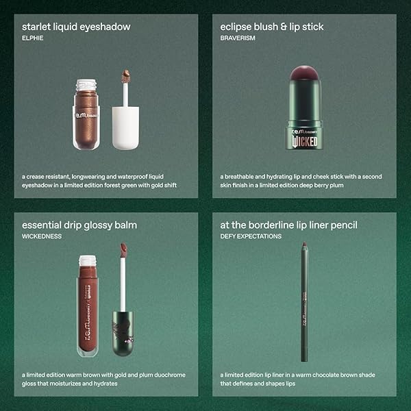 R.E.M. BEAUTY BY ARIANA GRANDE WICKED: FOR GOOD | ELPHABA MAKEUP SET | WATERPOOF EYE SHADOW, ALL OVER GLOW STICK, CREAMY LIP LINER, GLOSSY LIP BALM | 4 FULL SIZE PRODUCTS