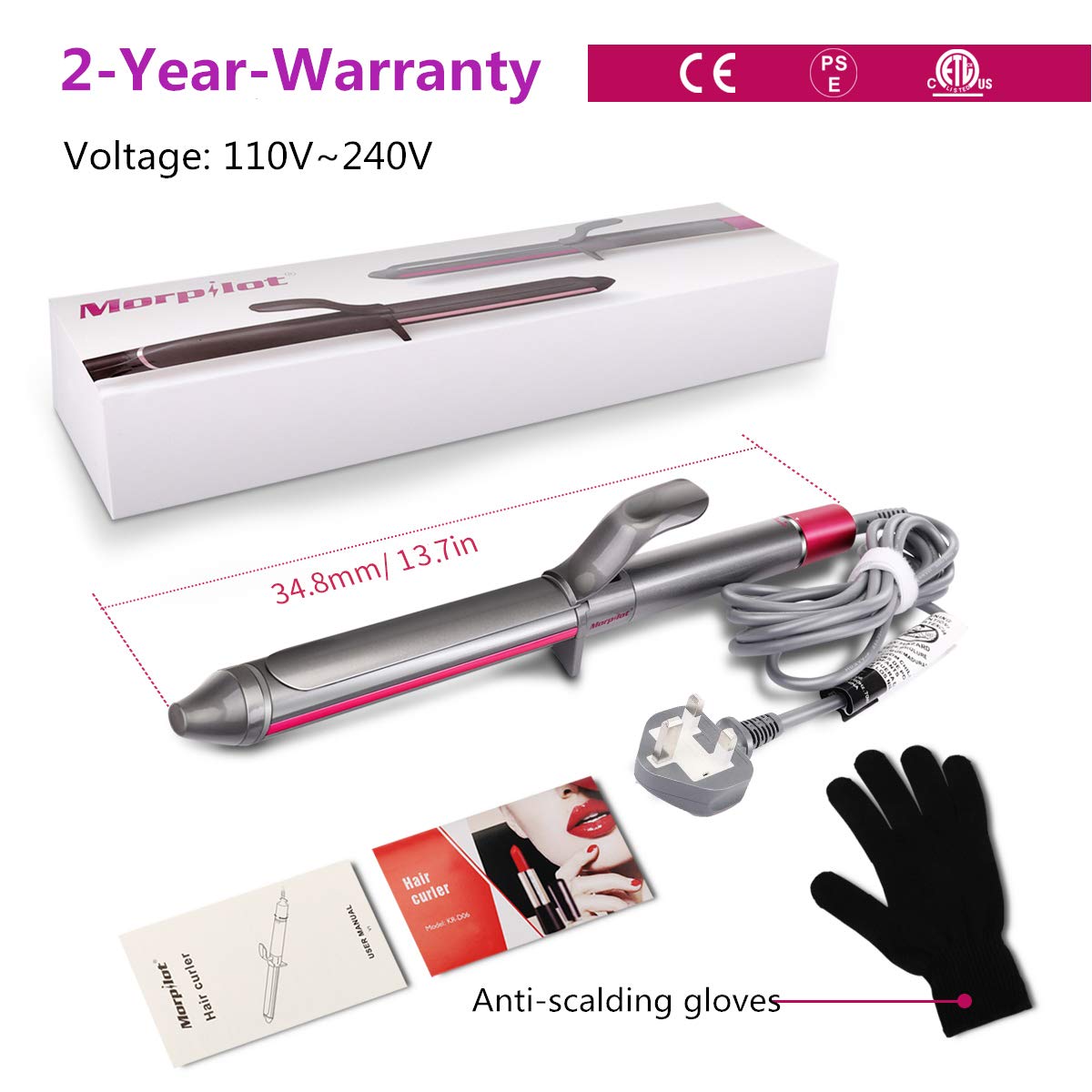 Fer à Boucler, Morpilot 32mm Boucleur Cheveux Fer à Friser Céramique, D\'arrêt Automatique Température Réglable de 80°C à 210°C avec écran LCD, Technologie PTC, Gant