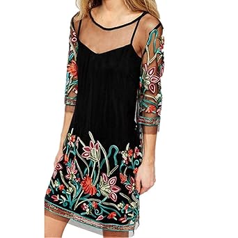 OYSOHE Damen Vogue Bestickter Spitzenrock, Neueste Frauen Boho Vintage Lace Mesh schiere bestickt Blumen Party Minikleid