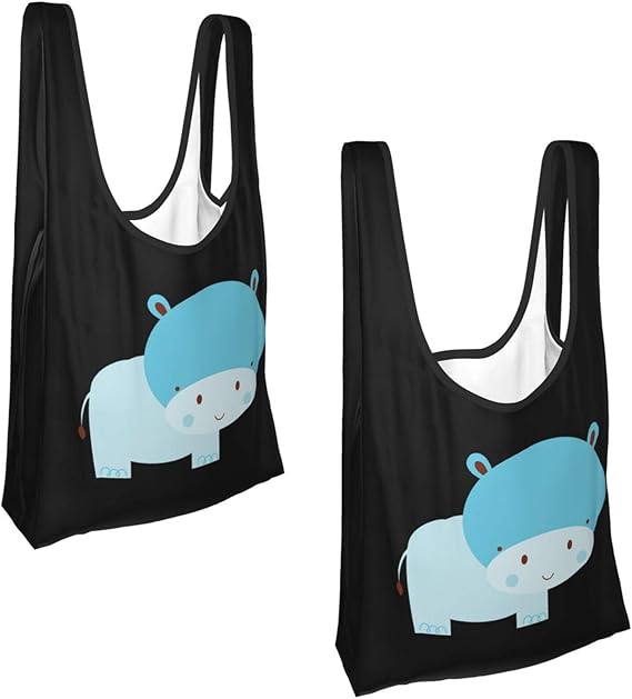 Cute hippo Grocery Bags Reusable, EcoFriendly, 2 Pack black Size One