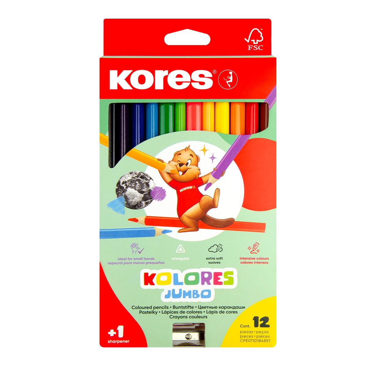 Kores - Kolores Jumbo: 12 Thick Coloured Pencils for Kids with Soft Lead, Triangular Shape, Sharpener Included, Set of 12 Assorted Colours