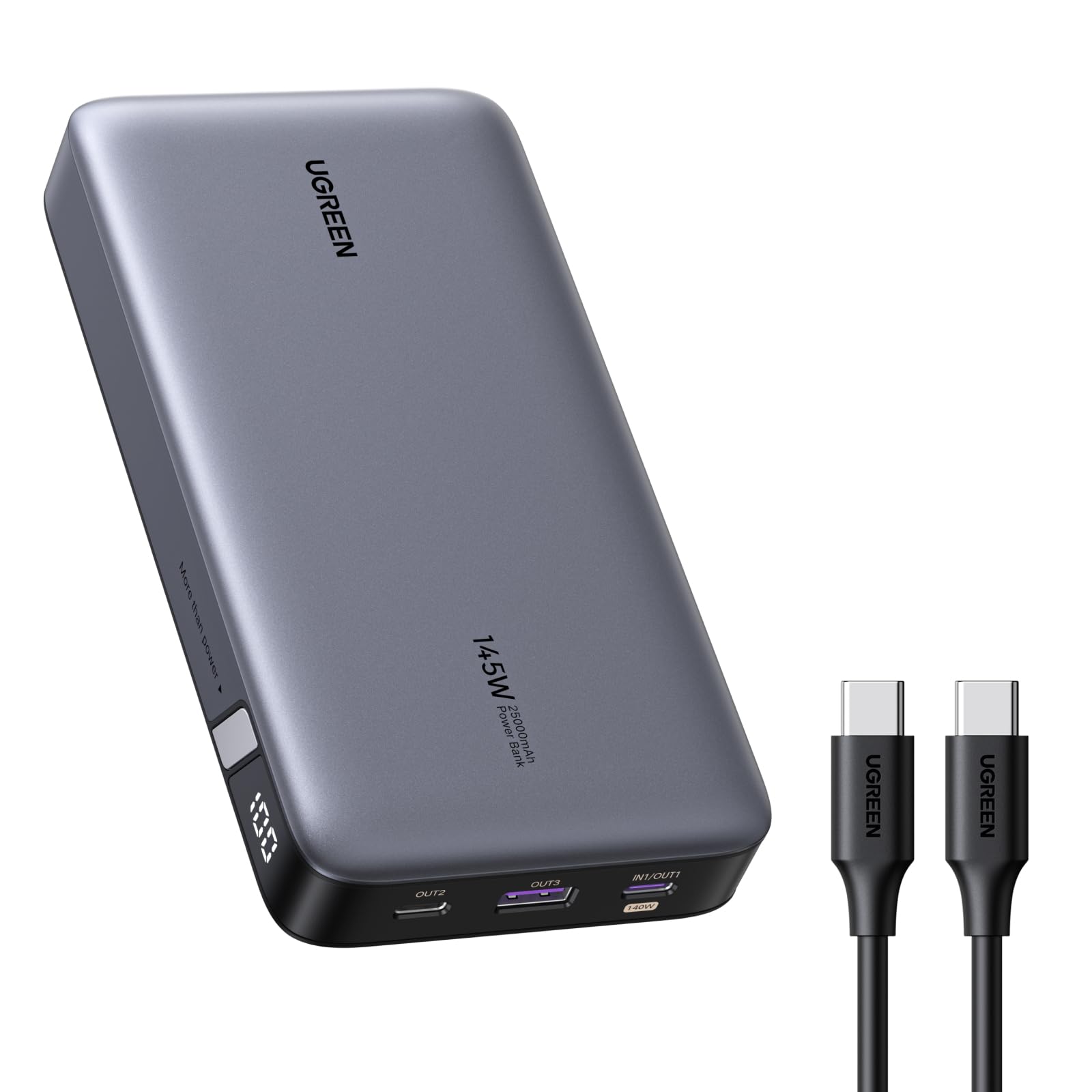 UGREEN Nexode Power Bank 145W Max 25000mAh externer Akku mit 3 Anschlüsse USB C Powerbank mit Digitales Display, kompatibel mit MacBook Pro/Air, iPhone 17 Pro Max/Pro/16/15, Galaxy S25 Ultra, Dell