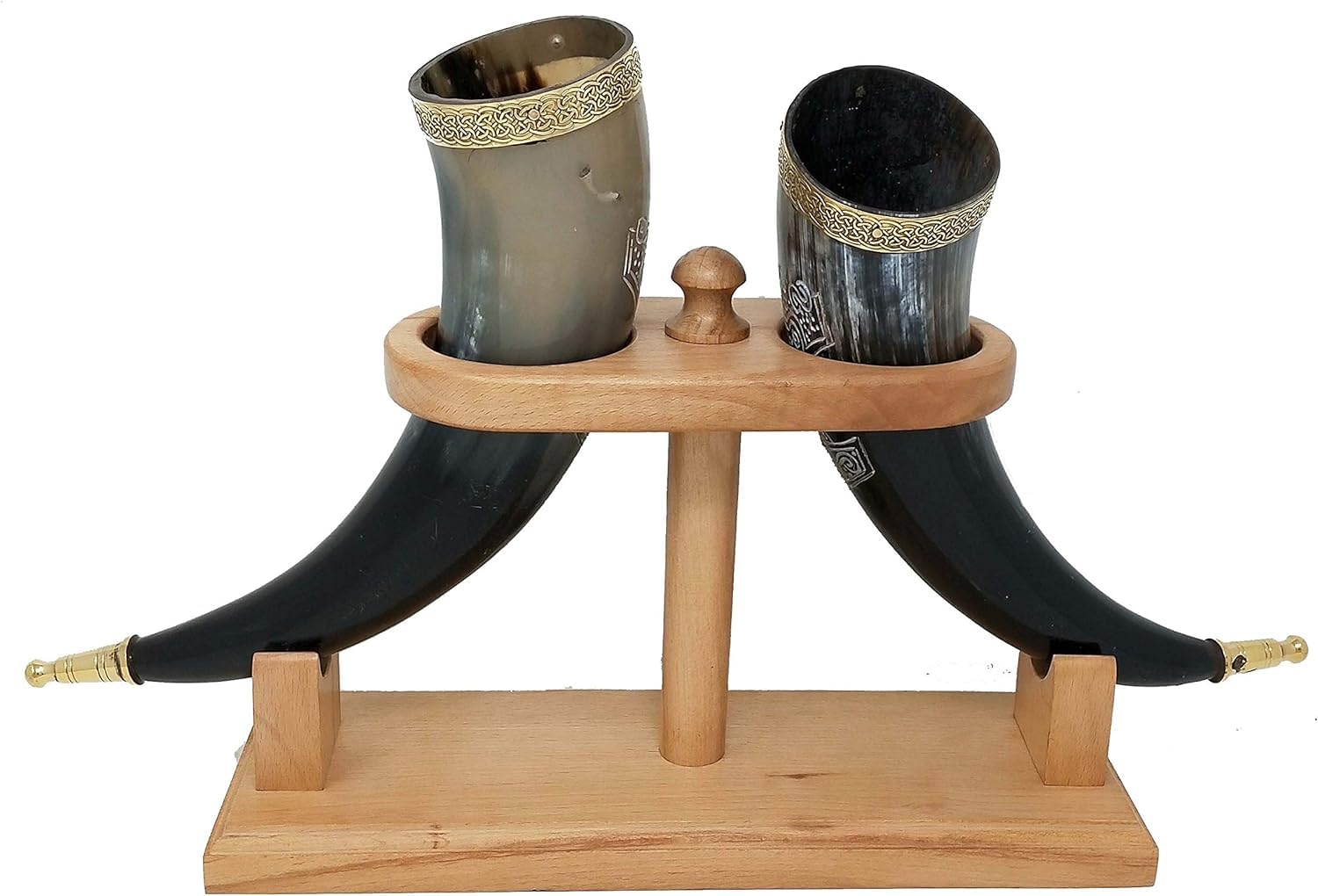 Galaxy Indiacraft Viking Drinking Handmade Natural OX Horn | Tankard | Mug | Cup for Ale, Beer, Mead, Wine | 12 to 15 Inch | 100% Leak Free | with Beautiful Wooden Stand (Set of 2)