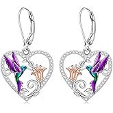 Hummingbird Earrings for Women Sterling Silver Heart Purple Hummingbird Dangle Drop Earrings Bird Jewelry Christmas Gifts