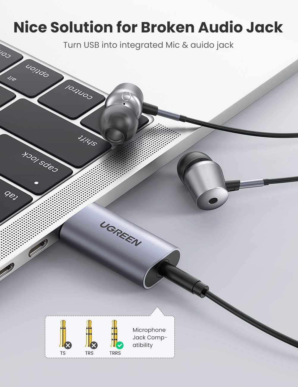 UGREEN USB to Audio Jack USB External Sound Card 3.5mm Audio Adapter 2 in 1 USB A to Aux TRRS Headphone Adapter Microphone Stereo Jack Aluminum Compatible with PS5 PC Windows Mac Linux Laptop Desktop