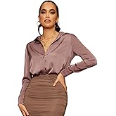 Floerns Women's Satin Long Sleeve Button Up Blouse Work Office Silky Shirts Tops