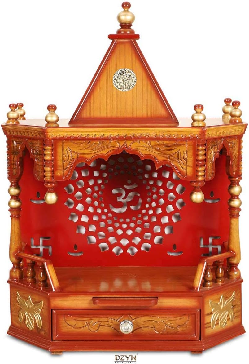 DZYN Furnitures Aikyam Solid Teak Wood Ply Temple/Wall Hanging Pooja
