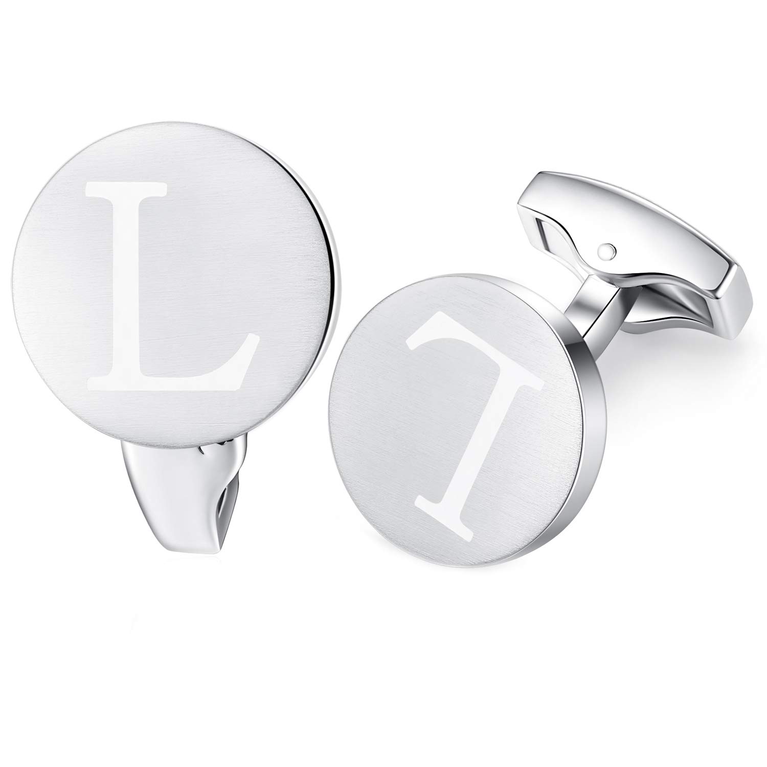HONEY BEAR Initial Alphabet Letter Cufflinks for Men, Brushed Silver Round Shape Stainless Steel Wedding Business Cufflinks, A - Z (L)
