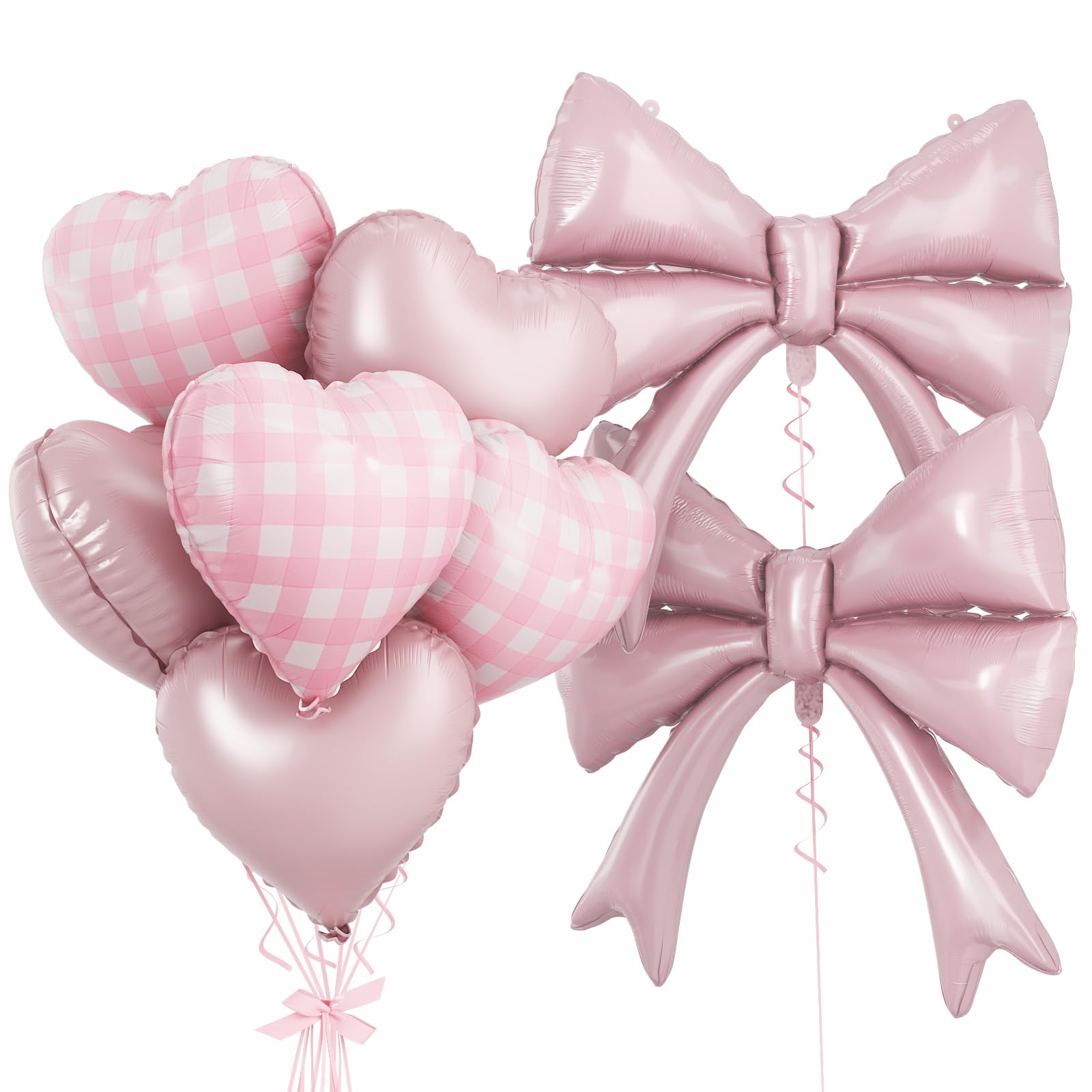 Pastel Pink Bow Balloons & Checkered Heart Foil Balloon Set, Coquette Birthday Decor with Light Baby Pink Plaid Heart Balloon for Bow Birthday Bachelorette Baby Shower Gender Reveals Party Decorations
