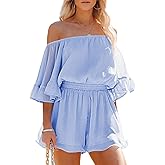 Fixmatti Women Boho Summer Romper Casual Floral Print Off Shoulder Strapless Shorts Jumpsuits