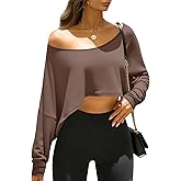 Fisoew Womens Off The Shoulder Cropped Tops Batwing Long Sleeve Loose Fit Summer Boat Neck Workout T Shirts