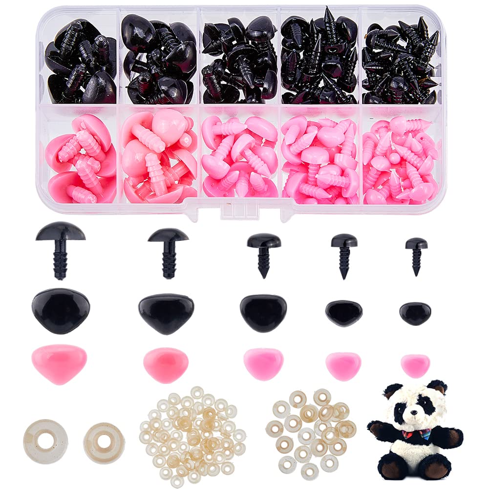 SUPERFINDINGS 130Pcs Plastic Safety Eyes and Noses 5 Sizes Triangle Crochet Eyes with Washer Black and Pink Craft Bear Nose Sets for Plush Crochet Projects DIY Animal Making
