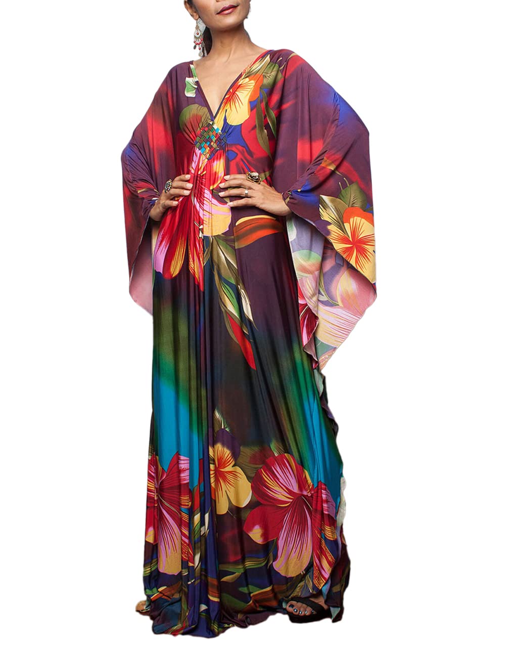 Photo 1 of Bsubseach Women Ethnic Print Kaftan Beach Dress Plus Size Swimsuit Cover Up Colorful Floral