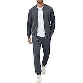 UOUA Men's Tracksuit 2 Piece Sets Casual Sweatsuit with Full Zip Athletic Jogging Suits Waffle Plaid Jacquard Outfits