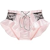 Erlemetes Women's Silk Underwear Cute Bow Panties Lace Trim Ruffle Bikini Briefs Stretch Soft Lolita Bridal Lingerie Panties