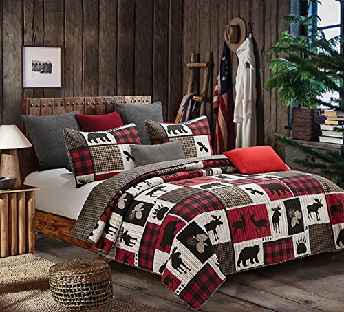 Virah Bella Lodge Life 3pc Full/Queen Quilt Set, Black Bear Paw Moose Cabin Red Buffalo Check Plaid