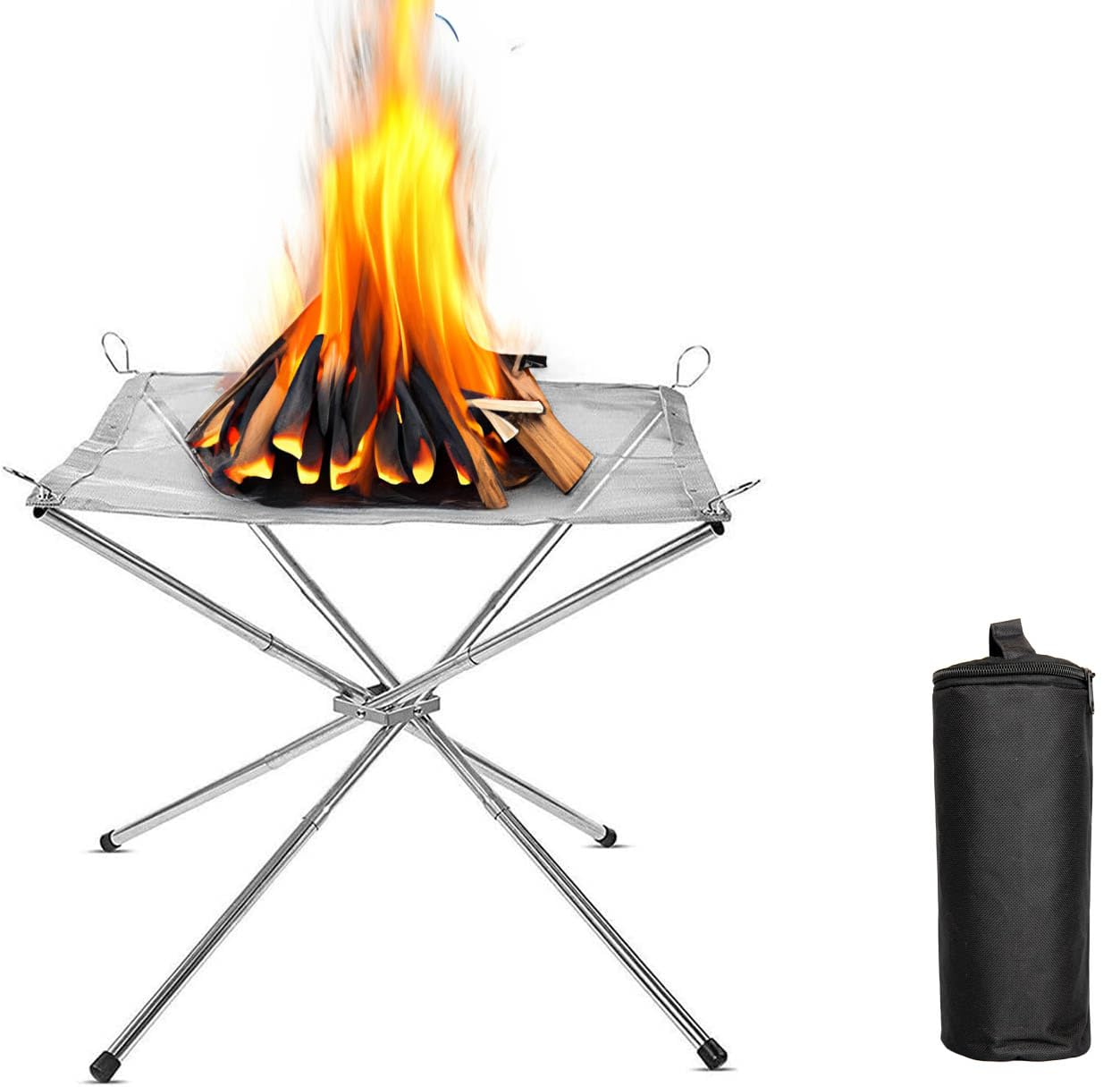 Portable Fire Pit for Camping, Outdoor Folding Firepit Fireplace with Carrying Bag, Stainless Steel Mesh BBQ Fire Bowl Camping Accessories for Picnics, Bonfire, Patio, Backyard and Garden