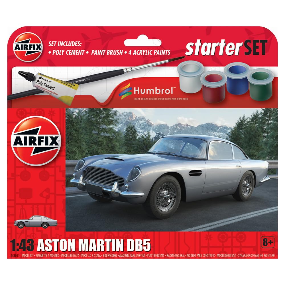 Airfix Starter Set - A55011 Aston Martin DB5 Model Building Kit - Plastic Model Car Kits for Adults & Children 8+, Set Includes Decals, Humbrol Acrylic Paints, Brushes & Poly Cement - 1:43 Scale Model
