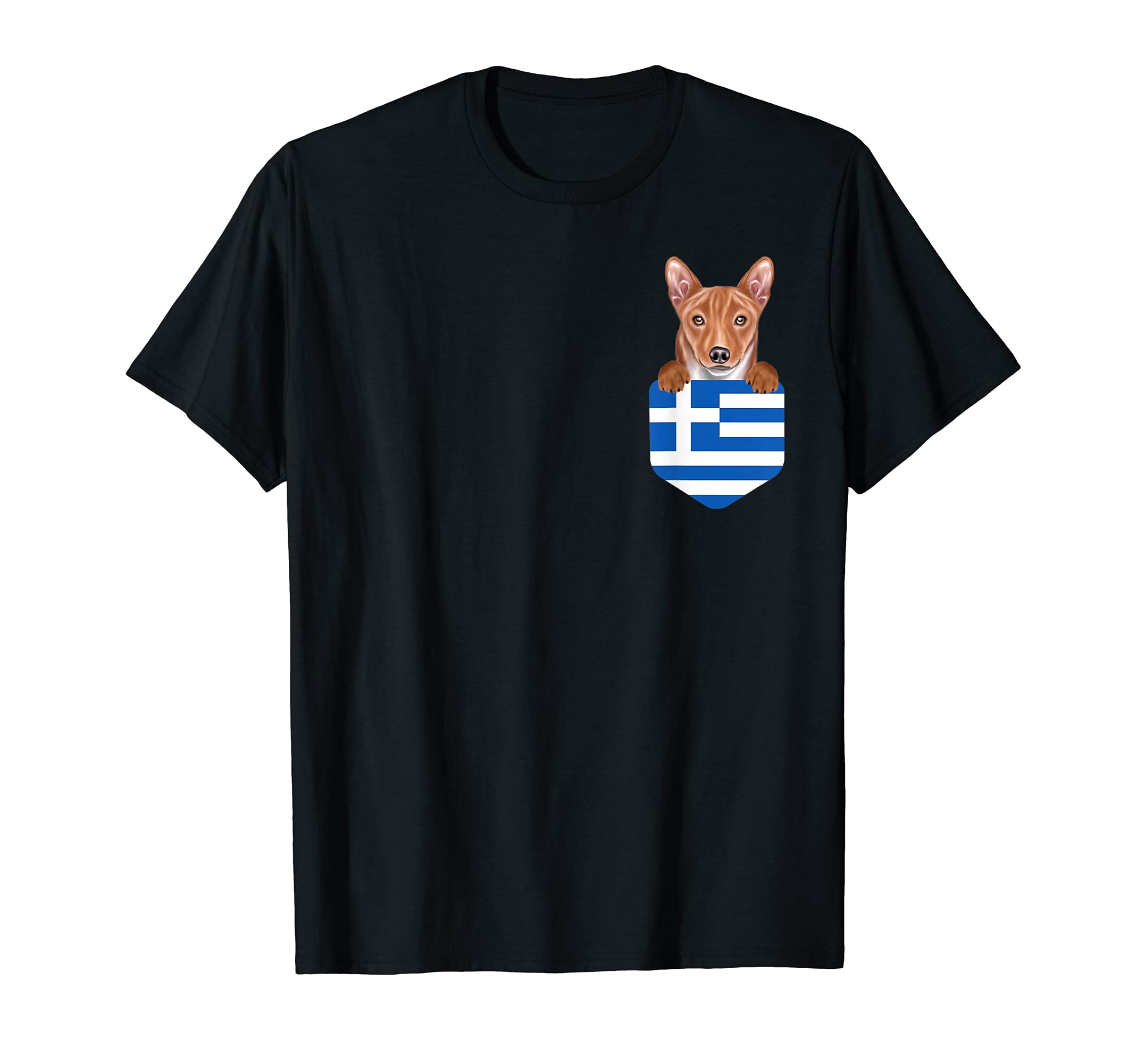 Greece Flag Basenji Dog In Pocket T-Shirt