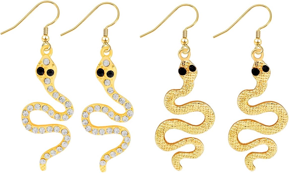 2 Pairs Gold Snake Drop Earrings Punk Long Crystal Snake Serpent Dangle