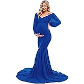 ZIUMUDY Maternity Fitted Mermaid Gown for Photoshoot Long Sleeve Tiered Chiffon Skirt Photo Props Dress