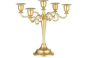 Sziqiqi Gold Candelabra Table Centerpiece: 10 Inches Candelabra Candle Holder for Taper Candlesticks - 5 Arms Metal Candlestick Holders for Wedding Christmas Dining Table