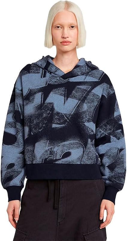 Donna Sprayed Letters Loose Hooded Sweater, Multicolore (osaka blue sprayed letters D26088-D325-H317), S