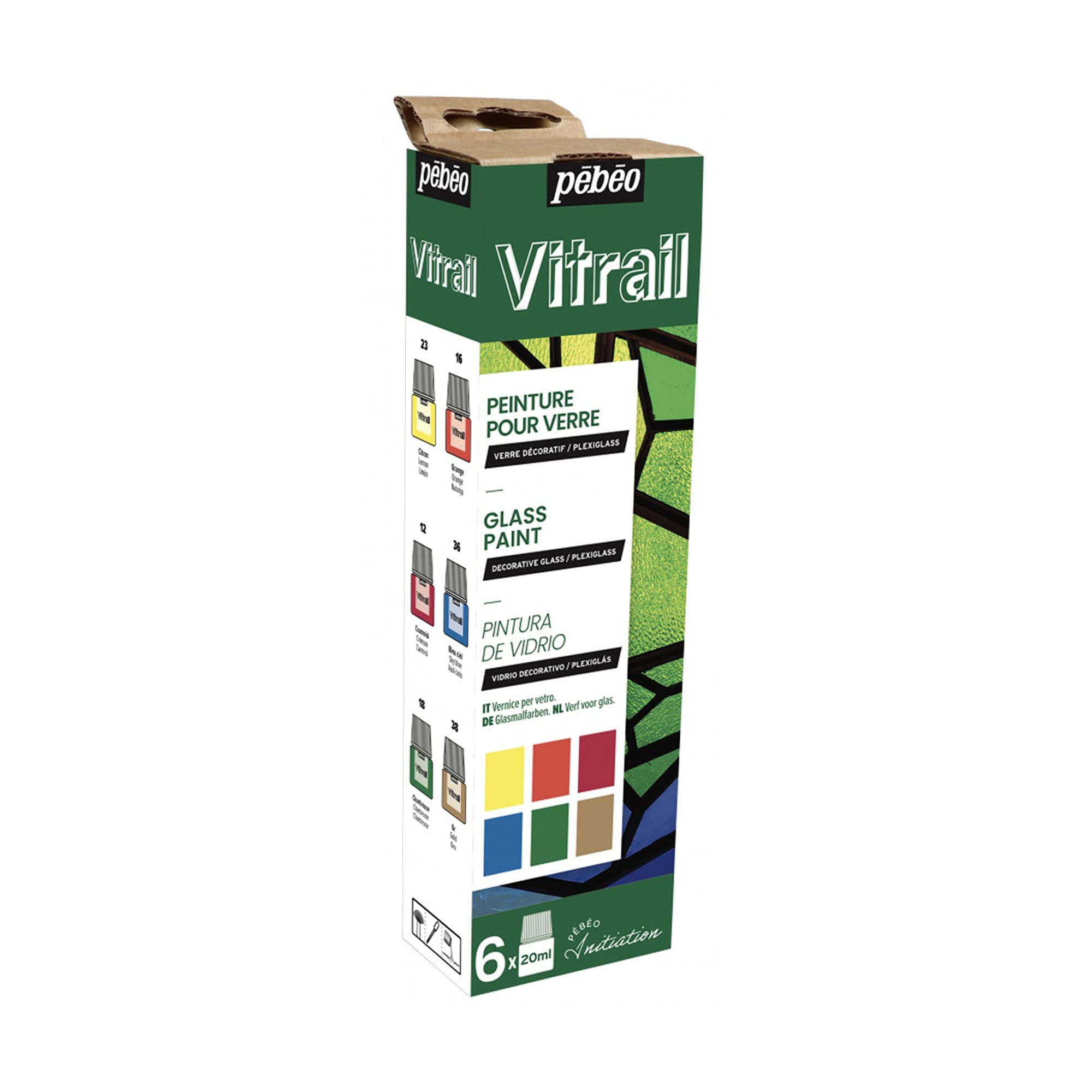 Pebeo Vitrail Initiation Set, Lemon, Orange, Crimson, Sky Blue, Chatreuse, Gold, 6X20ML,756421