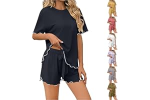 Pajama Sets for Women 2 Pieces Ruffled Lounge Sets Short Sleeve Shirts and Shorts Sleepwear with Pockets