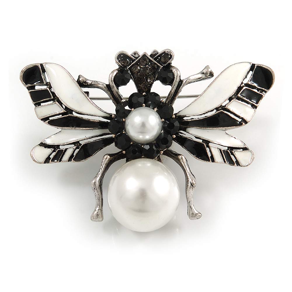 Striking Enamel Crystal, Pearl Bead Bumble Bee Brooch In Silver Tone Metal (Black/White) - 55mm Across