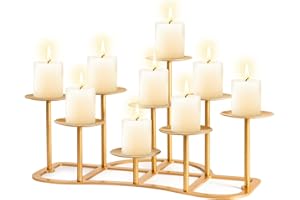 BIGSEE 9 Pillar Fireplace Candelabra for Inside Fireplace - Gold Metal Fireplace Candle Holder for Tealight Pillar Candles Stand Iron Table Centrepiece Mantle Floor Decor (Gold, 9 Branch)