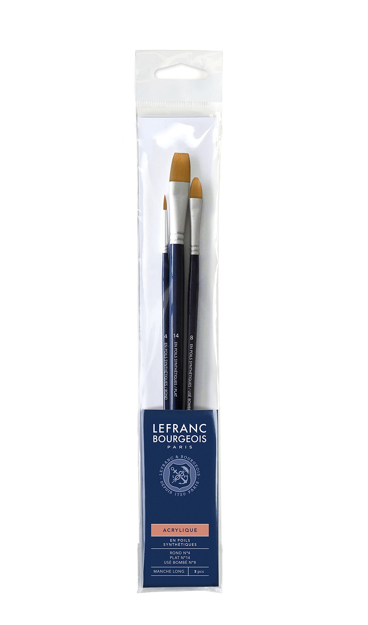 Lefranc Bourgeois Painting Brush, Synthetic, Mixed Set-Round no. 4, Flat no. 14, Filbert no. 8, Long Handle, 3 Pinseln(Rd Nr.4/Fl Nr.14/Filb Nr.8)-Langer Stiel