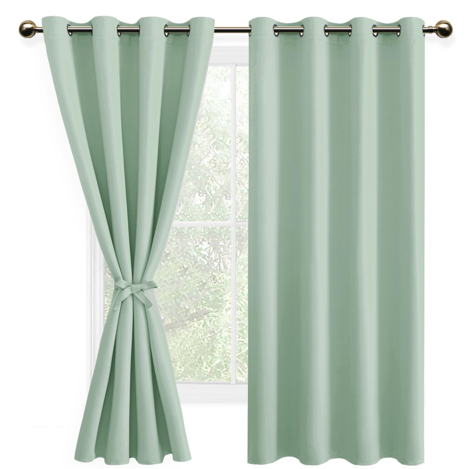 DWCN Blackout Curtains with Tiebacks for Bedroom Thermal Insulated Solid Eyelet Curtains for Living Room,2 Panels,52" Wide x 63" Drop Bean Green