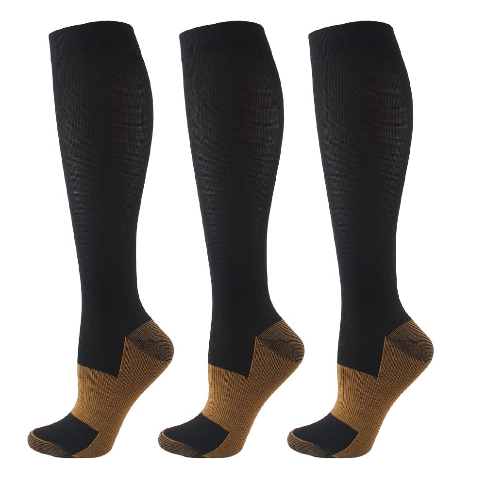 HYCOPROT Compression Socks for Women & Men Circulation (3 Pairs) 15-20 mmHg for Athletics Running Nurses Pregnancy Travel（L-XL, Black/Yellow）