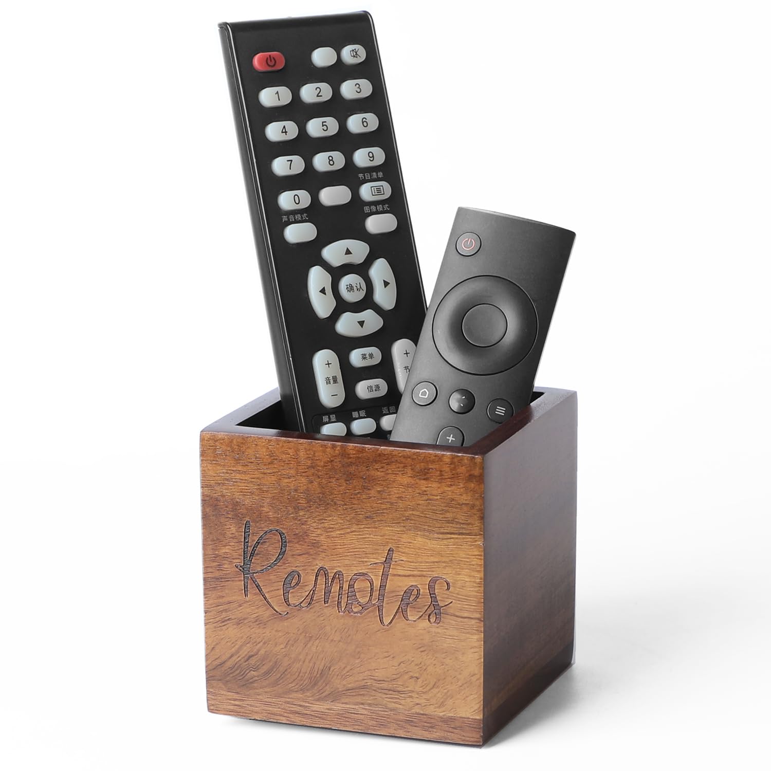 Photo 1 of LBEMEY Acacia Wood TV Remote Holder, Caddy and Organizer for Table, Vintage Farmhouse Desk Caddy (Brown for 2 or 3 Remote Controls)